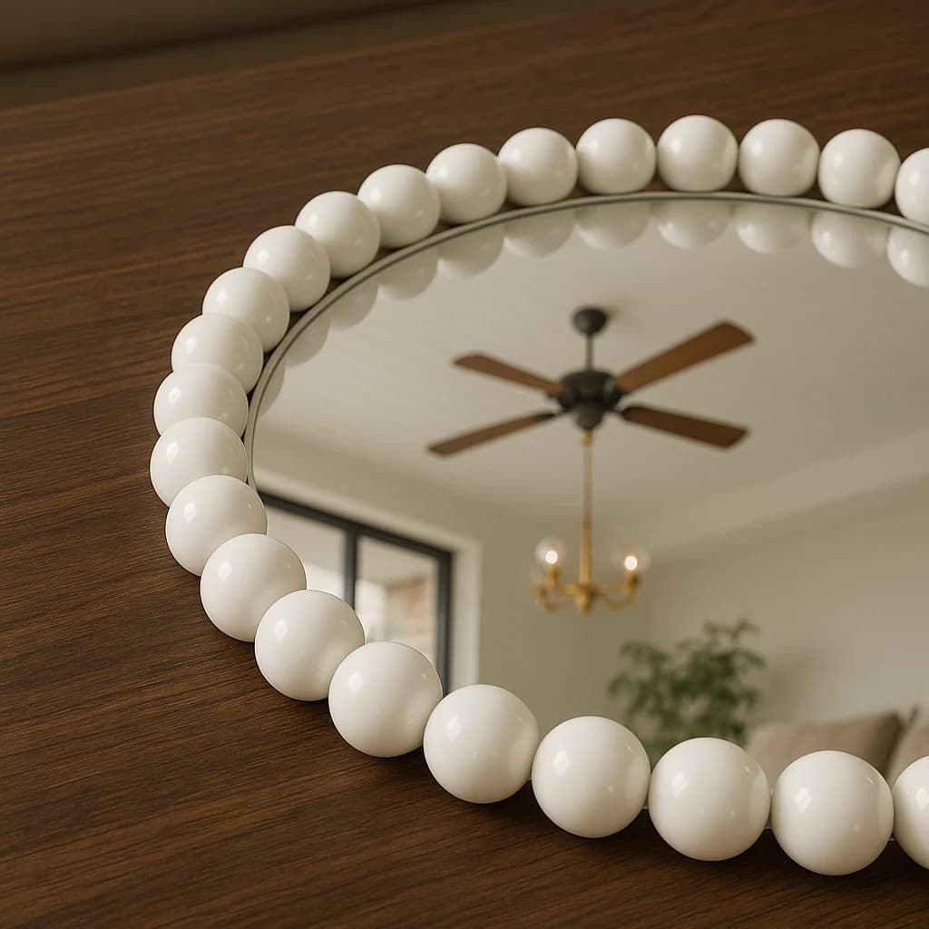 36 White Beaded Round Mirror gallery image