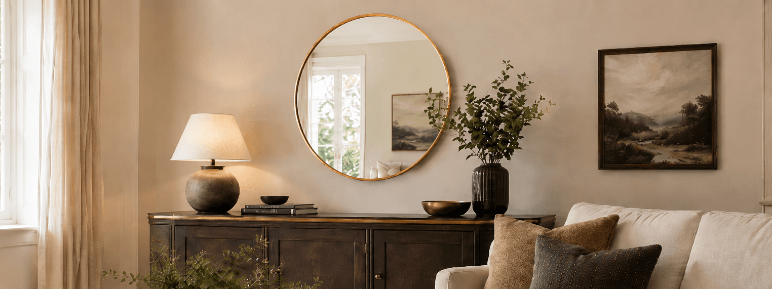 Round decorative mirror in elevated home interior