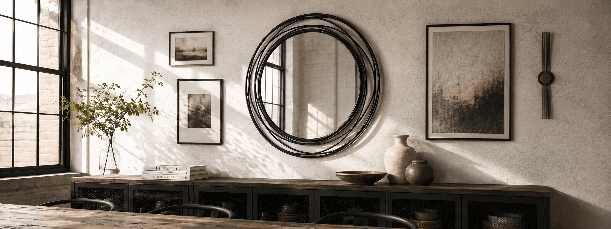 Black metal frame mirror in a refined home decor scene